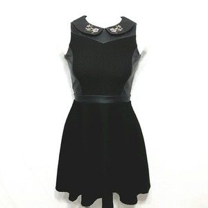 Maddie Black Skater Dress Faux Leather Trim Peter Pan Collar Rose Embroidery 1